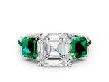 White gold Three-Stone Asscher Cut Diamond Ring with Round with Emerald side stone Pavé Band and Prong Setting