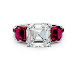 White gold Three-Stone Asscher Cut Diamond Ring with Round with Garnet side stone Pavé Band and Prong Setting