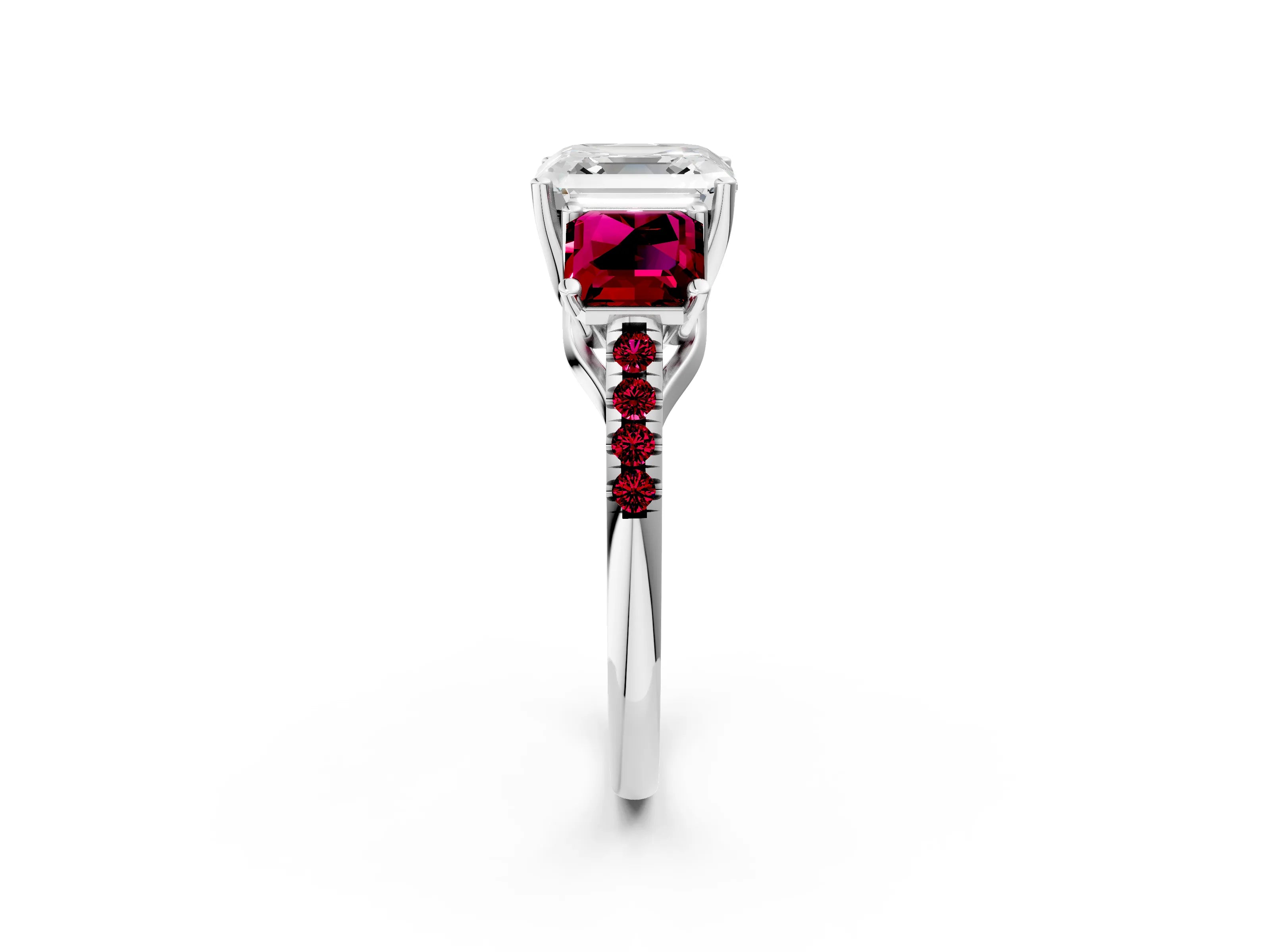 White gold Three-Stone Asscher Cut Diamond Ring with Round with Garnet side stone Pavé Band and Prong Setting_14