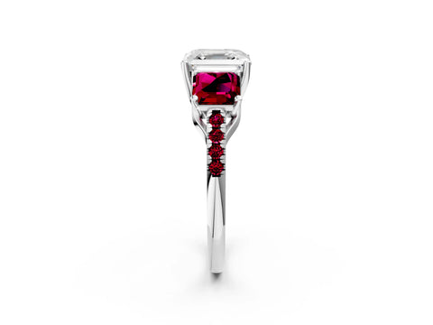 White gold Three-Stone Asscher Cut Diamond Ring with Round with Garnet side stone Pavé Band and Prong Setting_14
