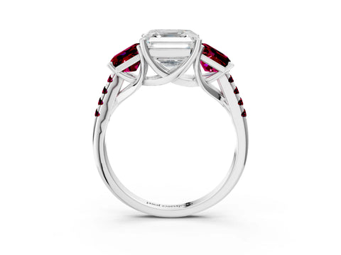 White gold Three-Stone Asscher Cut Diamond Ring with Round with Garnet side stone Pavé Band and Prong Setting_15