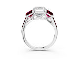 White gold Three-Stone Asscher Cut Diamond Ring with Round with Garnet side stone Pavé Band and Prong Setting_15