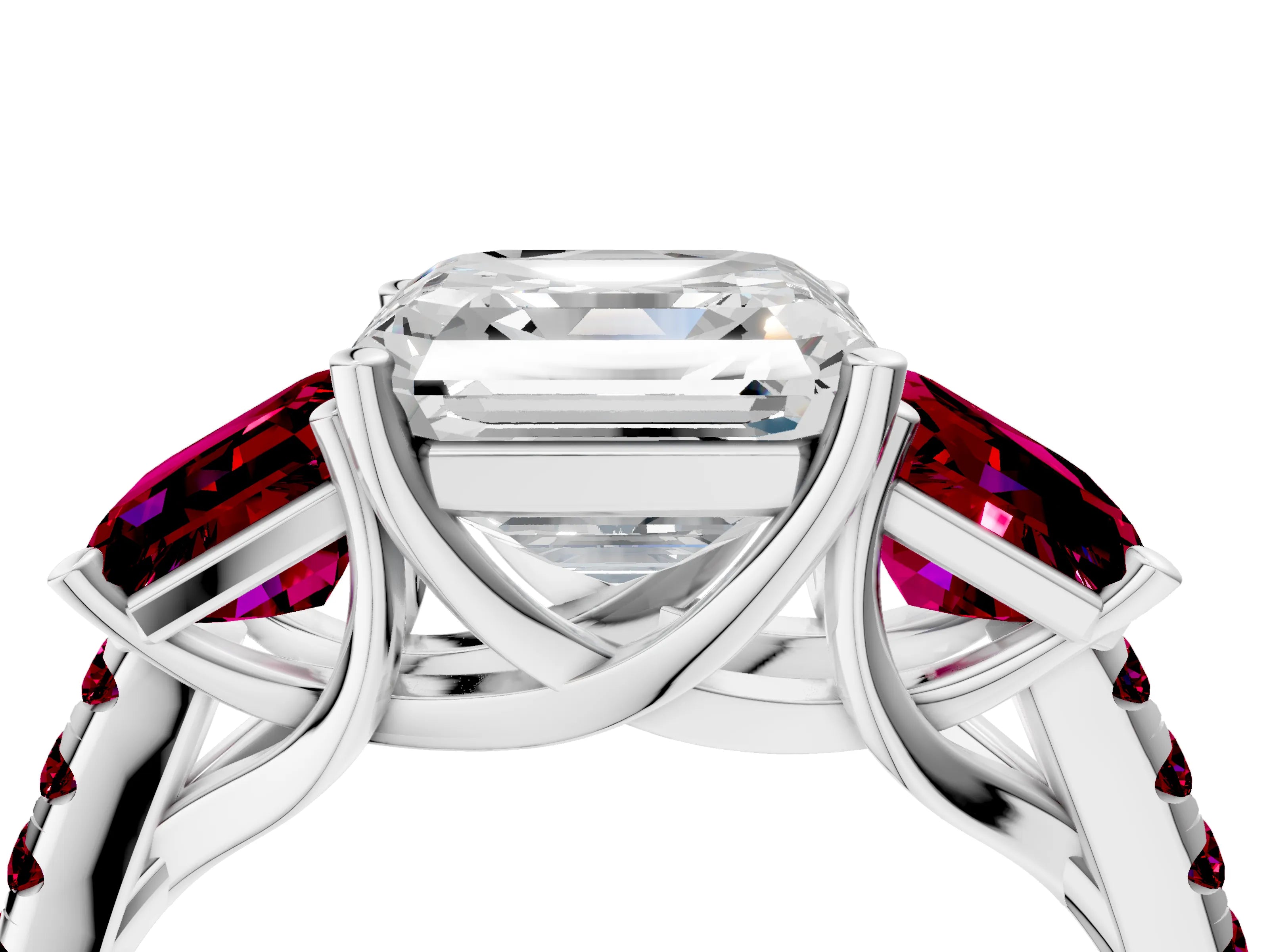 White gold Three-Stone Asscher Cut Diamond Ring with Round with Garnet side stone Pavé Band and Prong Setting_16
