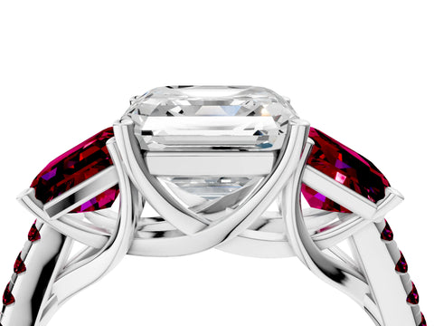 White gold Three-Stone Asscher Cut Diamond Ring with Round with Garnet side stone Pavé Band and Prong Setting_16