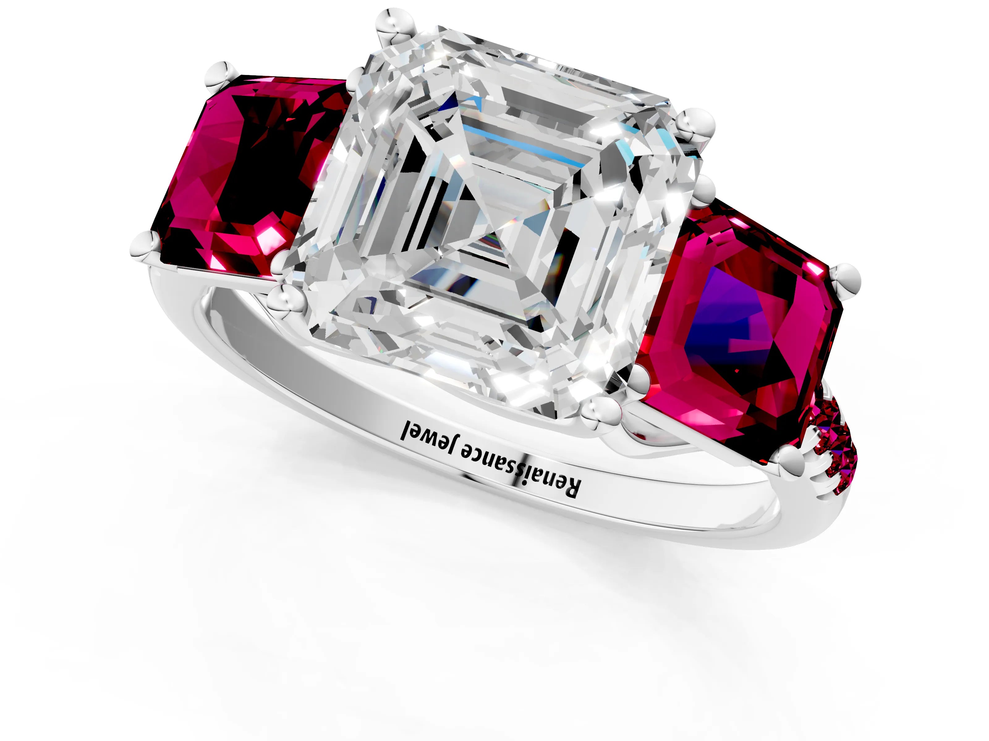 White gold Three-Stone Asscher Cut Diamond Ring with Round with Garnet side stone Pavé Band and Prong Setting_1