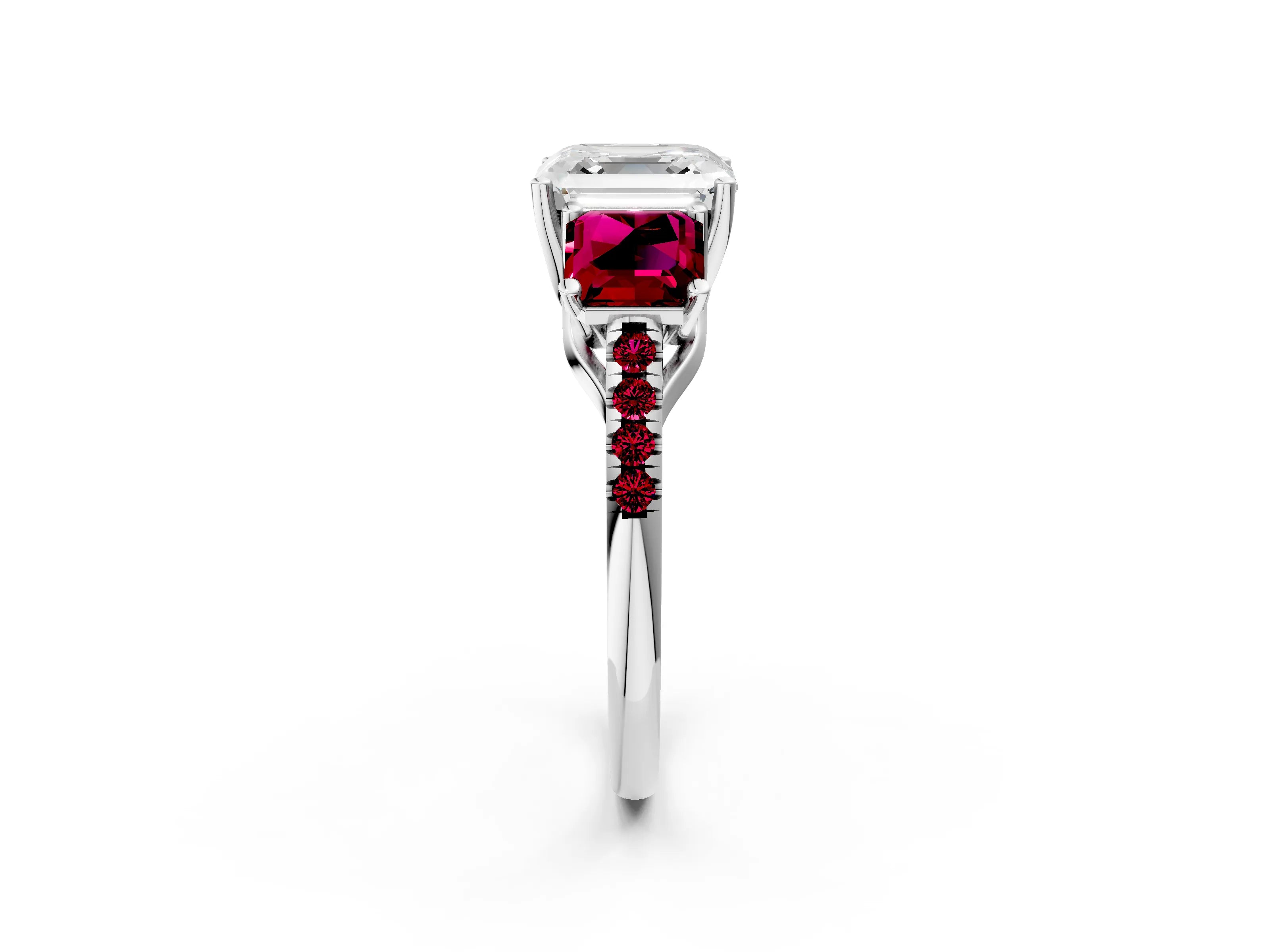 White gold Three-Stone Asscher Cut Diamond Ring with Round with Garnet side stone Pavé Band and Prong Setting_2