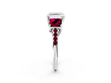 White gold Three-Stone Asscher Cut Diamond Ring with Round with Garnet side stone Pavé Band and Prong Setting_2