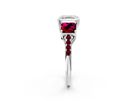 White gold Three-Stone Asscher Cut Diamond Ring with Round with Garnet side stone Pavé Band and Prong Setting_2