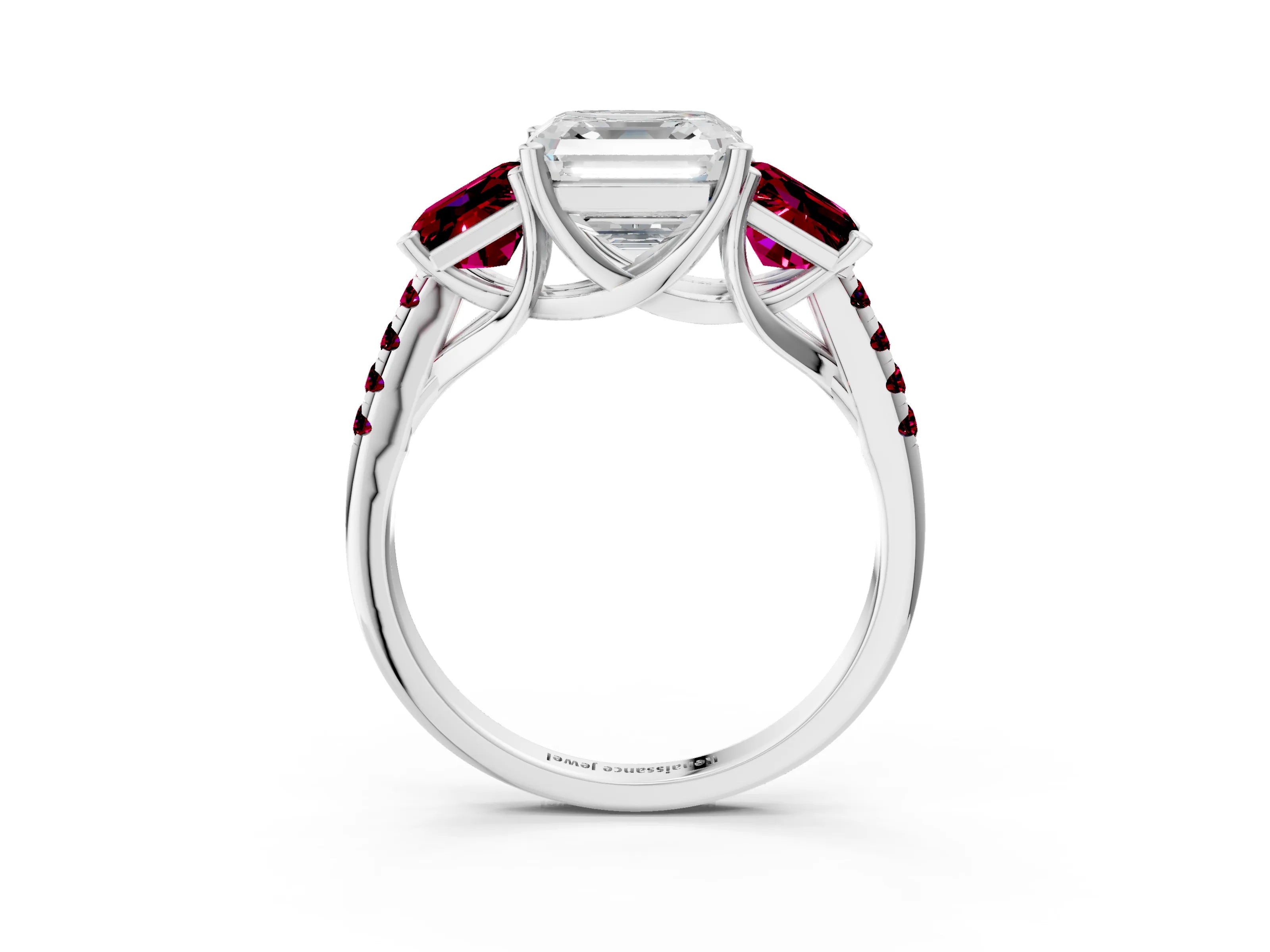White gold Three-Stone Asscher Cut Diamond Ring with Round with Garnet side stone Pavé Band and Prong Setting_3