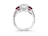 White gold Three-Stone Asscher Cut Diamond Ring with Round with Garnet side stone Pavé Band and Prong Setting_3