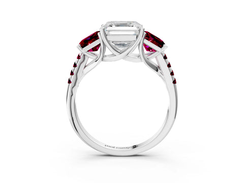 White gold Three-Stone Asscher Cut Diamond Ring with Round with Garnet side stone Pavé Band and Prong Setting_3