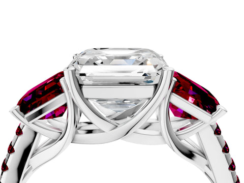 White gold Three-Stone Asscher Cut Diamond Ring with Round with Garnet side stone Pavé Band and Prong Setting_4