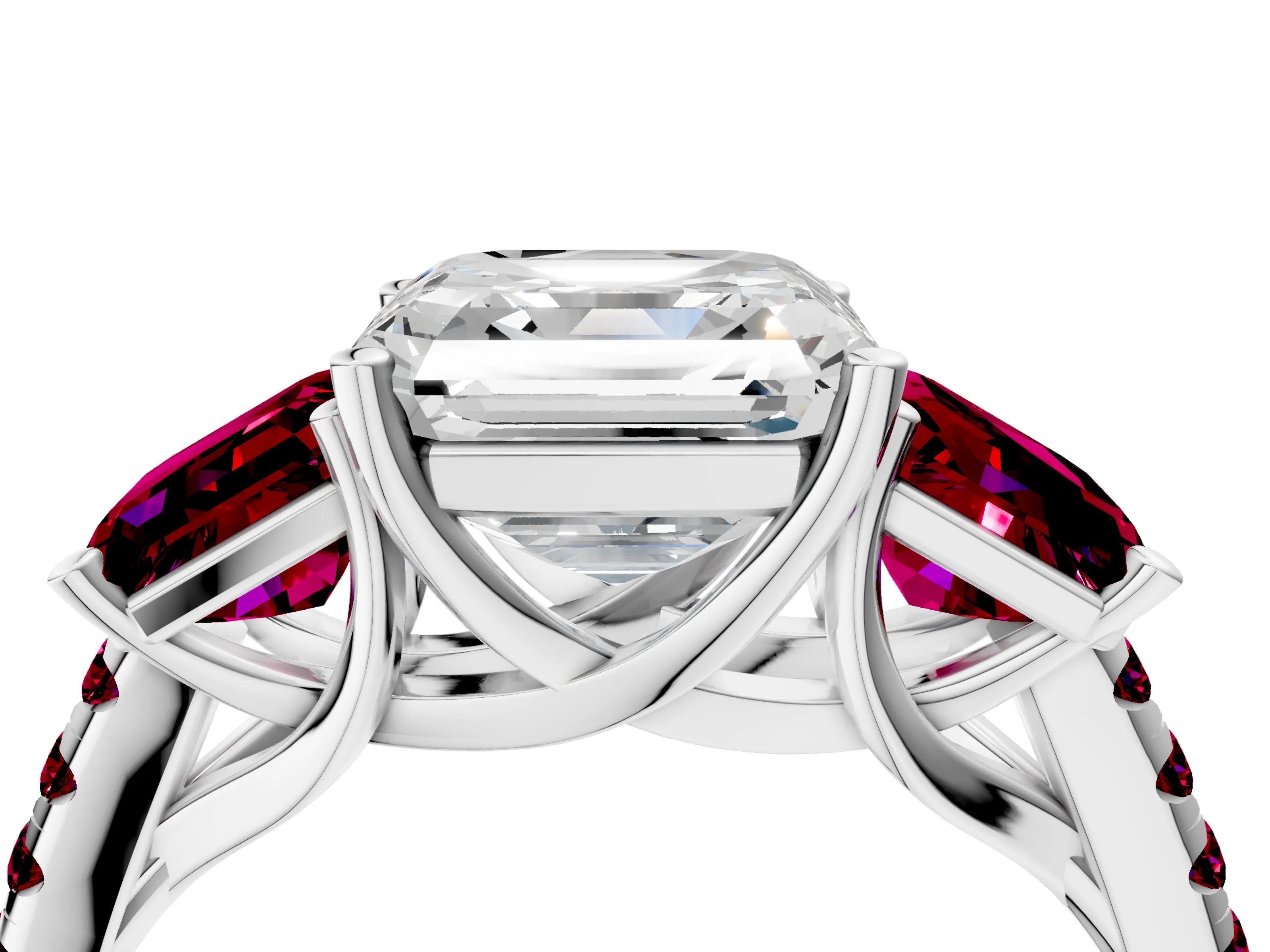 White gold Three-Stone Asscher Cut Diamond Ring with Round with Garnet side stone Pavé Band and Prong Setting_4