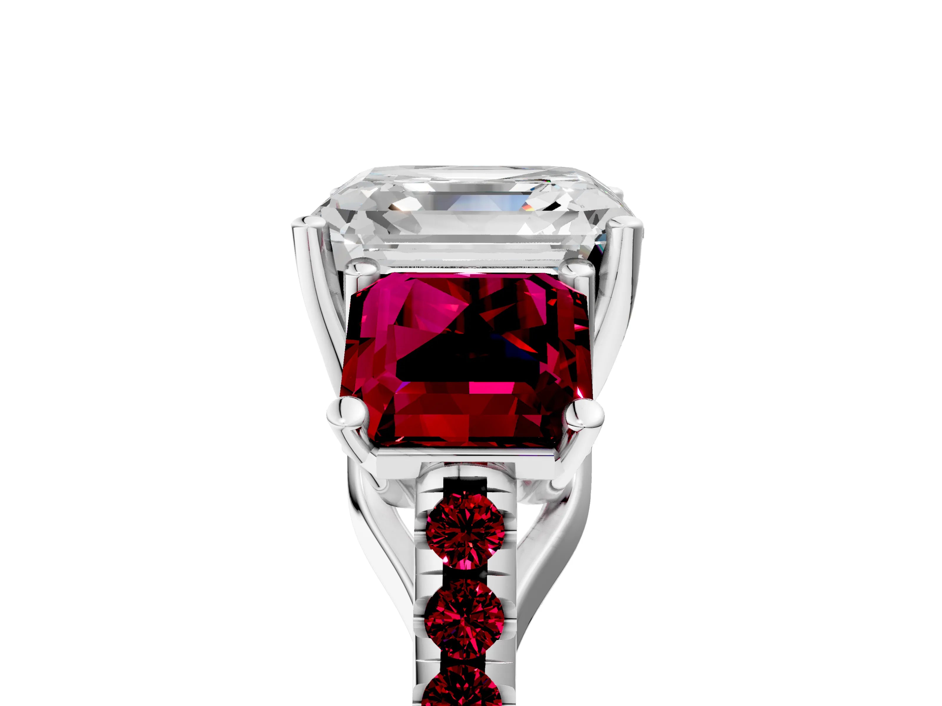 White gold Three-Stone Asscher Cut Diamond Ring with Round with Garnet side stone Pavé Band and Prong Setting_5