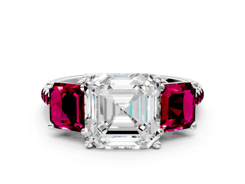 White gold Three-Stone Asscher Cut Diamond Ring with Round with Garnet side stone Pavé Band and Prong Setting
