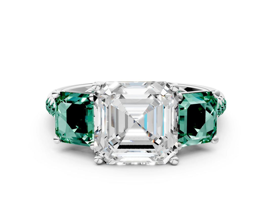 White gold Three-Stone Asscher Cut Diamond Ring with Round with Green Sapphire side stone Pavé Band and Prong Setting_12