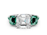 White gold Three-Stone Asscher Cut Diamond Ring with Round with Green Sapphire side stone Pavé Band and Prong Setting_12