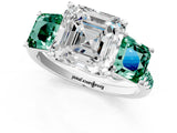 White gold Three-Stone Asscher Cut Diamond Ring with Round with Green Sapphire side stone Pavé Band and Prong Setting_13
