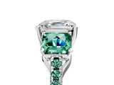 White gold Three-Stone Asscher Cut Diamond Ring with Round with Green Sapphire side stone Pavé Band and Prong Setting_17