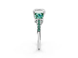 White gold Three-Stone Asscher Cut Diamond Ring with Round with Green Sapphire side stone Pavé Band and Prong Setting_2