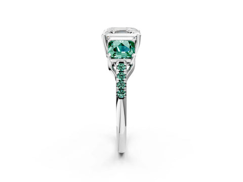 White gold Three-Stone Asscher Cut Diamond Ring with Round with Green Sapphire side stone Pavé Band and Prong Setting_2