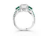 White gold Three-Stone Asscher Cut Diamond Ring with Round with Green Sapphire side stone Pavé Band and Prong Setting_3