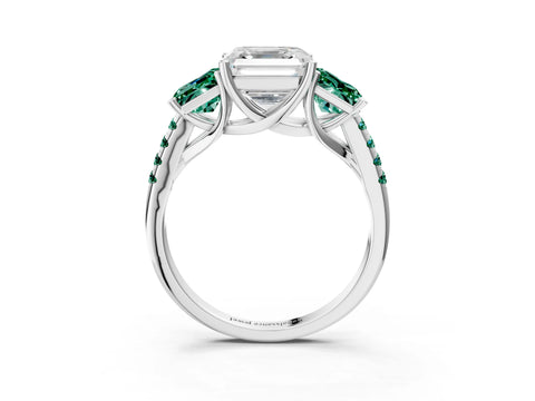 White gold Three-Stone Asscher Cut Diamond Ring with Round with Green Sapphire side stone Pavé Band and Prong Setting_3