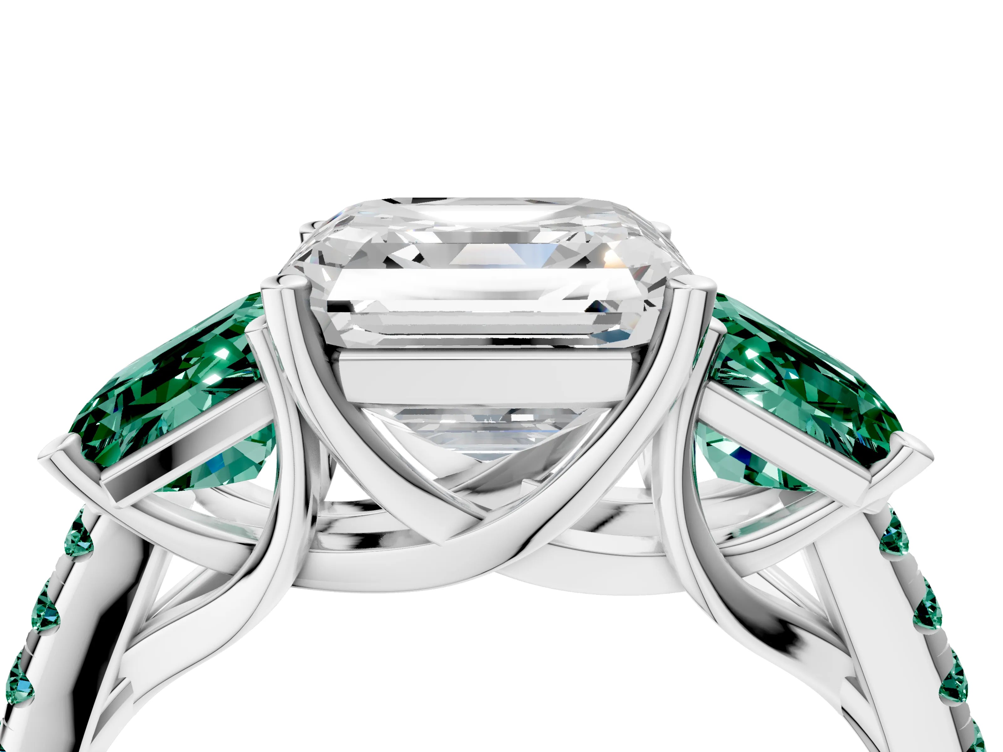 White gold Three-Stone Asscher Cut Diamond Ring with Round with Green Sapphire side stone Pavé Band and Prong Setting_4