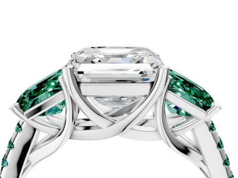 White gold Three-Stone Asscher Cut Diamond Ring with Round with Green Sapphire side stone Pavé Band and Prong Setting_4