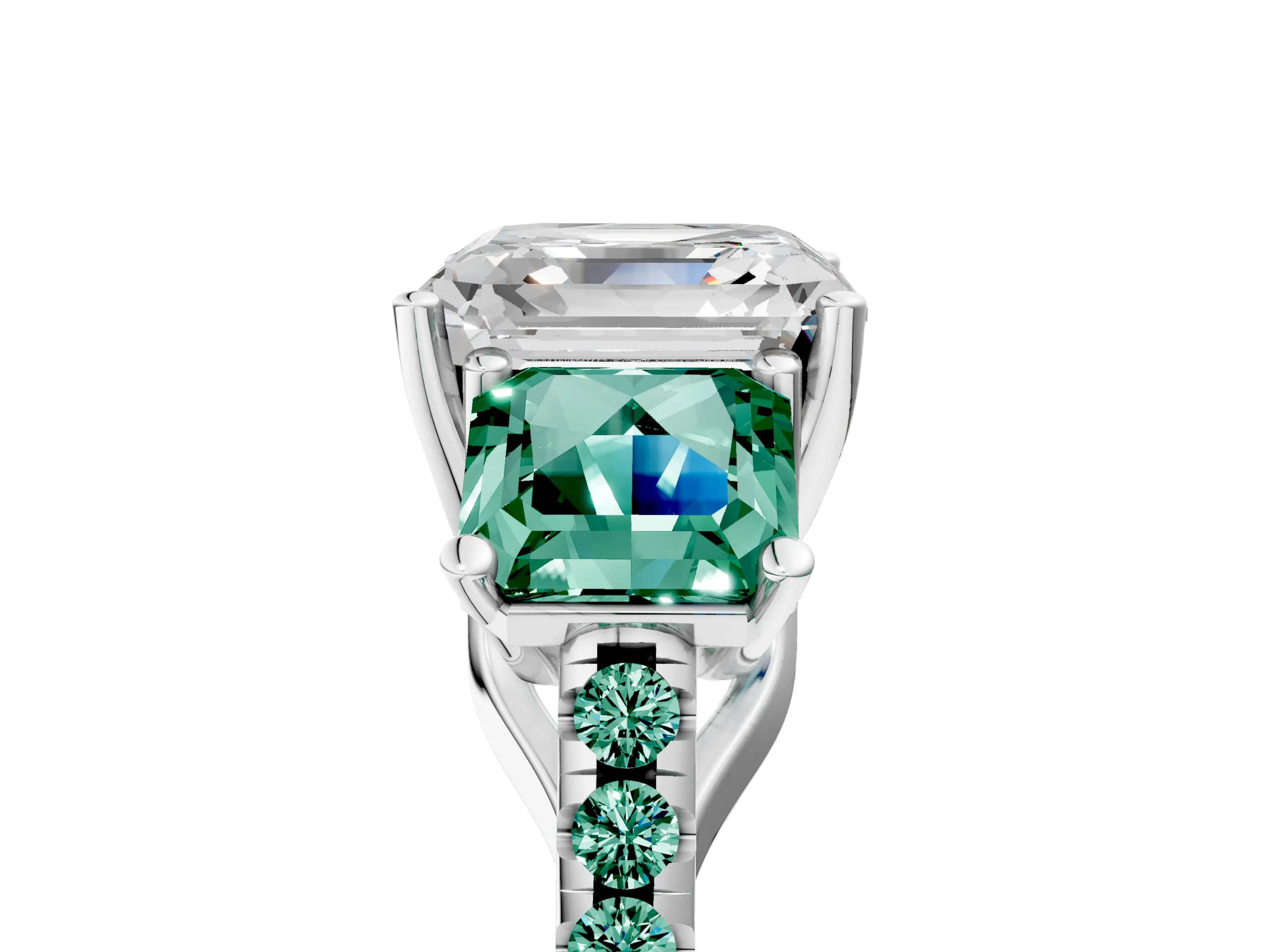 White gold Three-Stone Asscher Cut Diamond Ring with Round with Green Sapphire side stone Pavé Band and Prong Setting_5
