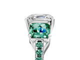 White gold Three-Stone Asscher Cut Diamond Ring with Round with Green Sapphire side stone Pavé Band and Prong Setting_5