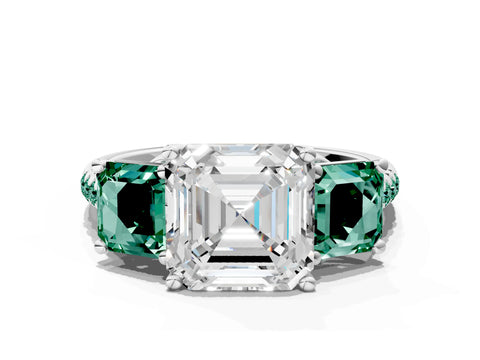 White gold Three-Stone Asscher Cut Diamond Ring with Round with Green Sapphire side stone Pavé Band and Prong Setting