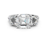 White gold Three-Stone Asscher Cut Diamond Ring with Round with Moissanite side stone Pavé Band and Prong Setting