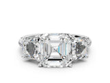 White gold Three-Stone Asscher Cut Diamond Ring with Round with Moissanite side stone Pavé Band and Prong Setting_12