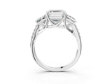White gold Three-Stone Asscher Cut Diamond Ring with Round with Moissanite side stone Pavé Band and Prong Setting_15