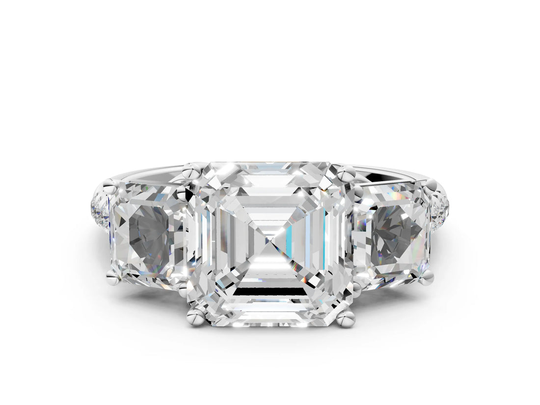 White gold Three-Stone Asscher Cut Diamond Ring with Round with Moissanite side stone Pavé Band and Prong Setting_24