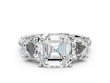 White gold Three-Stone Asscher Cut Diamond Ring with Round with Moissanite side stone Pavé Band and Prong Setting_24