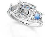 White gold Three-Stone Asscher Cut Diamond Ring with Round with Moissanite side stone Pavé Band and Prong Setting_25