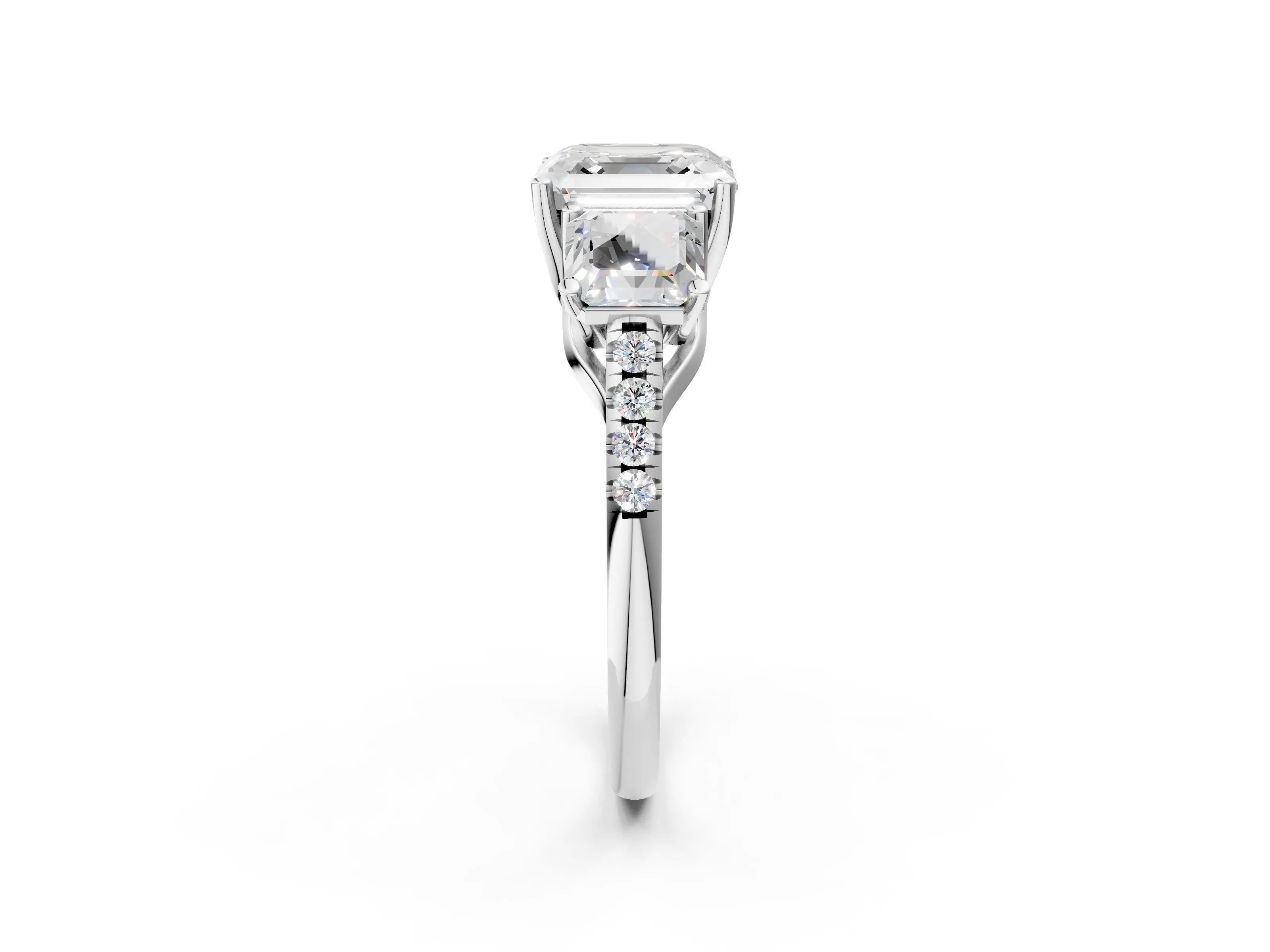 White gold Three-Stone Asscher Cut Diamond Ring with Round with Moissanite side stone Pavé Band and Prong Setting_2