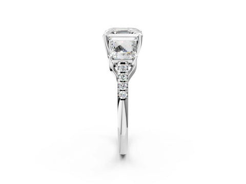White gold Three-Stone Asscher Cut Diamond Ring with Round with Moissanite side stone Pavé Band and Prong Setting_2