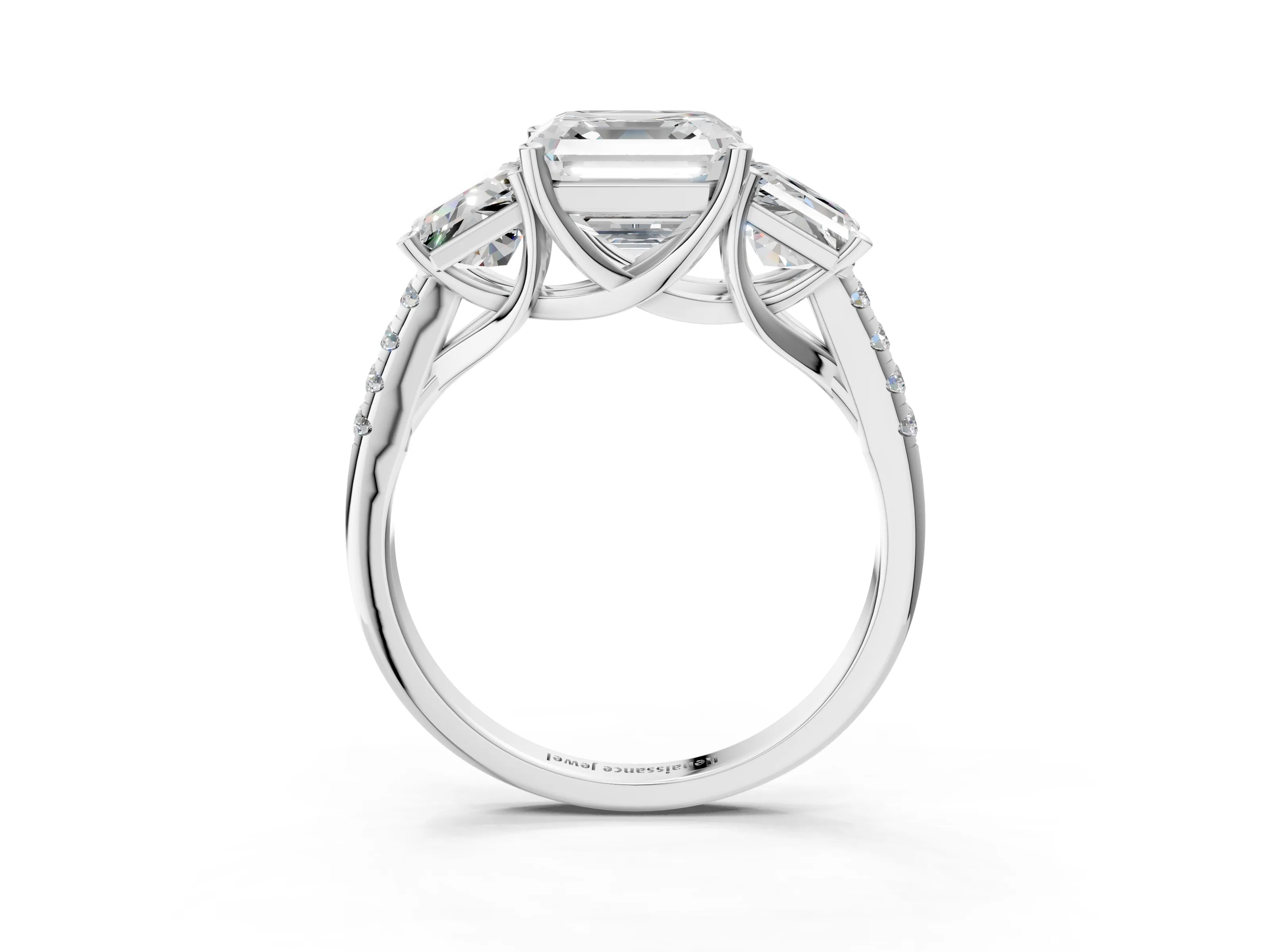 White gold Three-Stone Asscher Cut Diamond Ring with Round with Moissanite side stone Pavé Band and Prong Setting_3