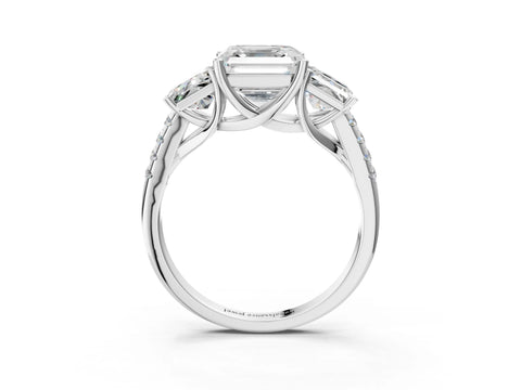 White gold Three-Stone Asscher Cut Diamond Ring with Round with Moissanite side stone Pavé Band and Prong Setting_3