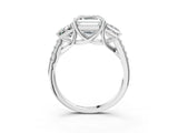 White gold Three-Stone Asscher Cut Diamond Ring with Round with Moissanite side stone Pavé Band and Prong Setting_3