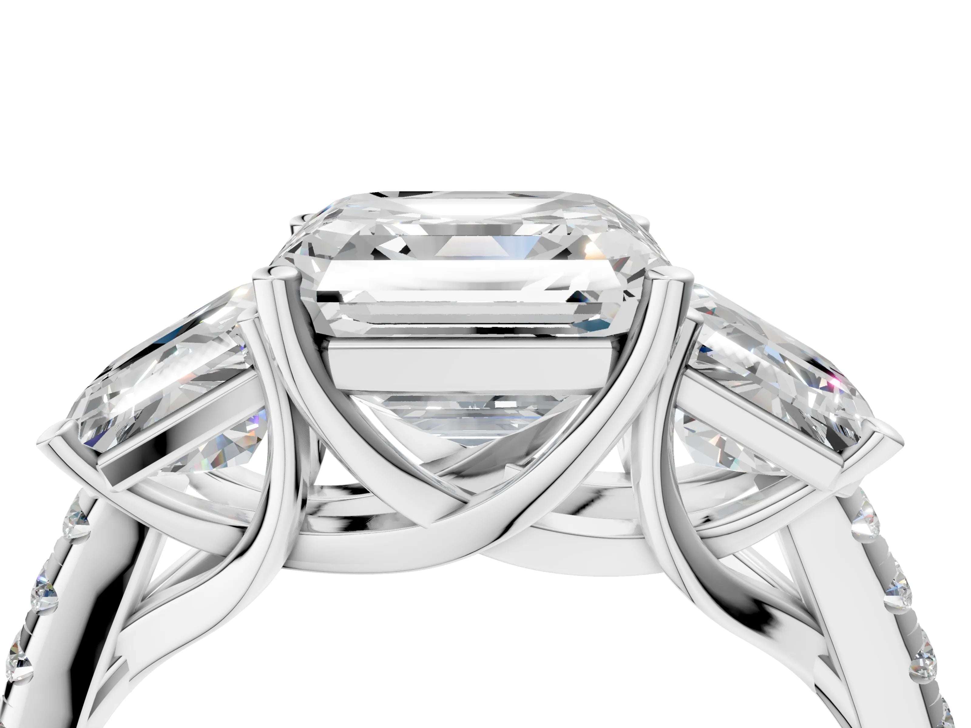 White gold Three-Stone Asscher Cut Diamond Ring with Round with Moissanite side stone Pavé Band and Prong Setting_4