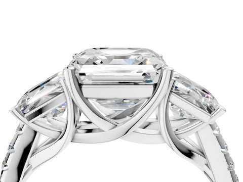 White gold Three-Stone Asscher Cut Diamond Ring with Round with Moissanite side stone Pavé Band and Prong Setting_4