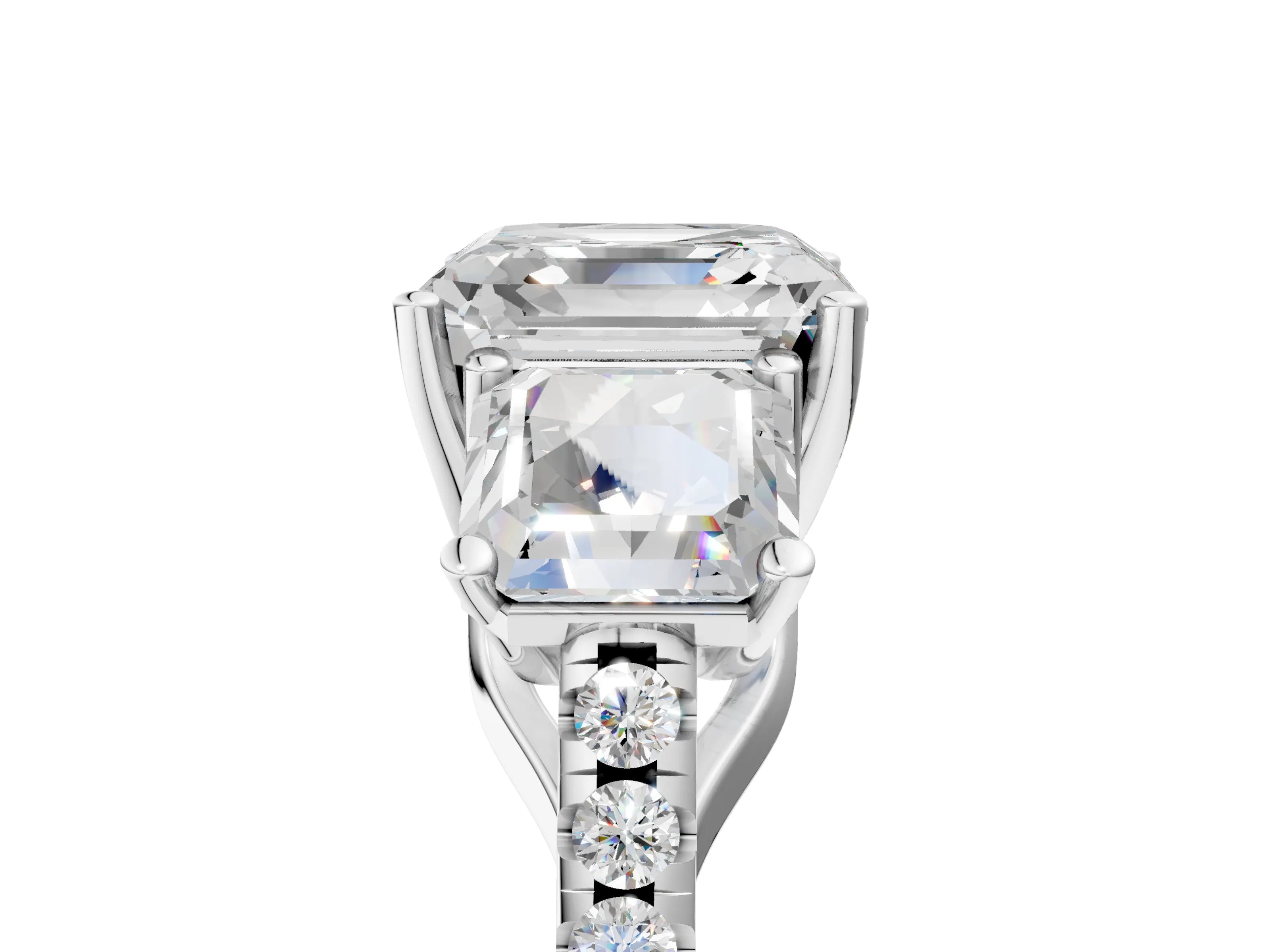 White gold Three-Stone Asscher Cut Diamond Ring with Round with Moissanite side stone Pavé Band and Prong Setting_5