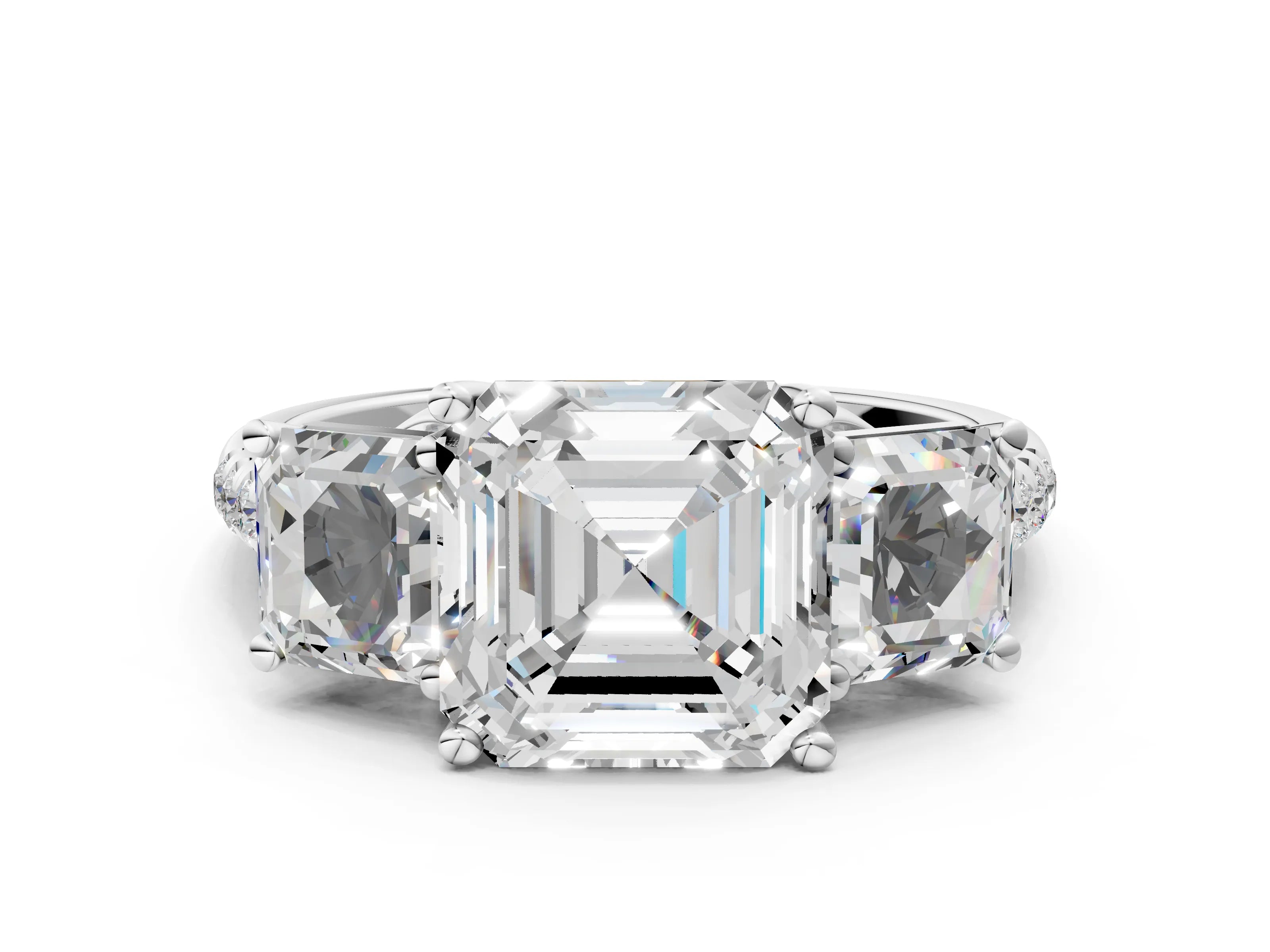 White gold Three-Stone Asscher Cut Diamond Ring with Round with Moissanite side stone Pavé Band and Prong Setting