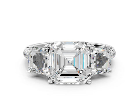 White gold Three-Stone Asscher Cut Diamond Ring with Round with Moissanite side stone Pavé Band and Prong Setting
