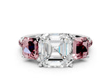 White gold Three-Stone Asscher Cut Diamond Ring with Round with Morganite side stone Pavé Band and Prong Setting_12