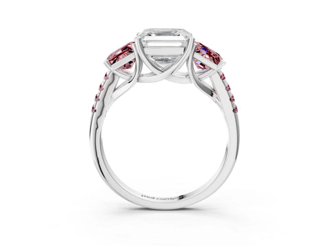 White gold Three-Stone Asscher Cut Diamond Ring with Round with Morganite side stone Pavé Band and Prong Setting_15